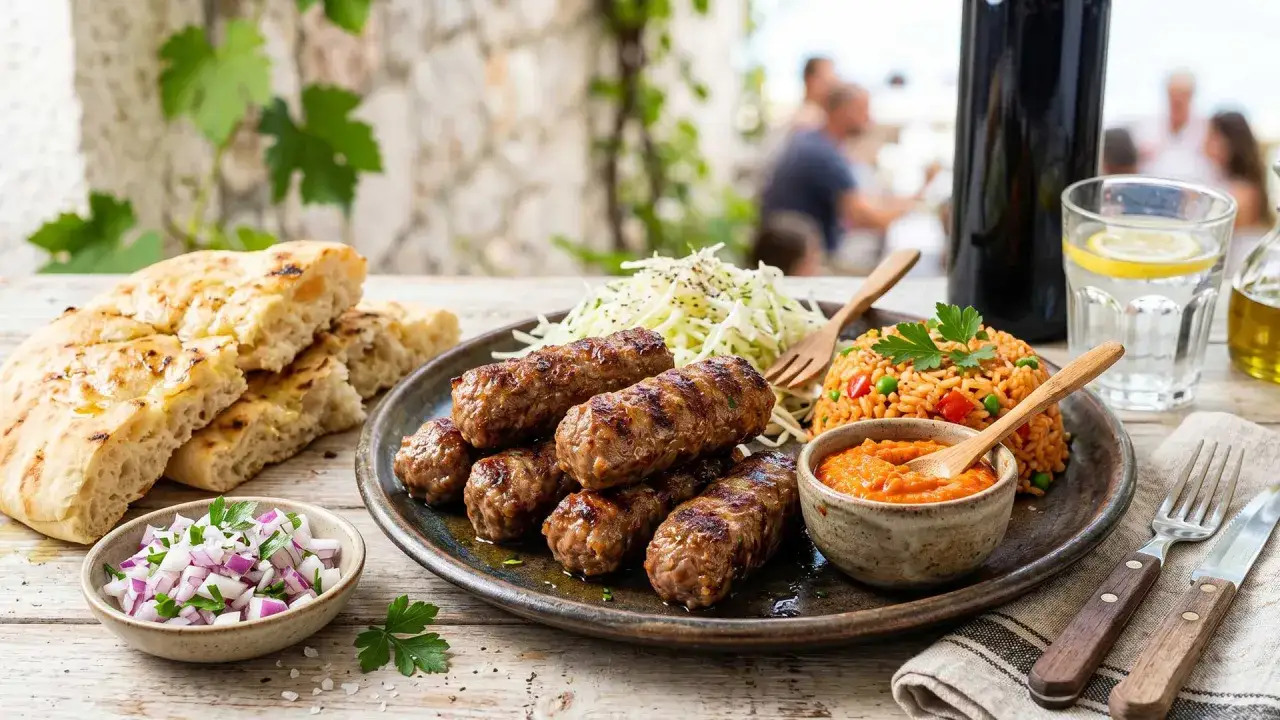 Herzhaft gegrillte Cevapcici mit Reis, Krautsalat und Fladenbrot. Ein perfektes Cevapcici Rezept für den Sommer.