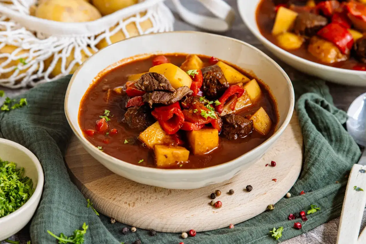 Herzhaftes Gulasch mit Kartoffeln und Paprika in einer tiefen Sch&uuml;ssel, daneben eine Schale gehackte Petersilie.