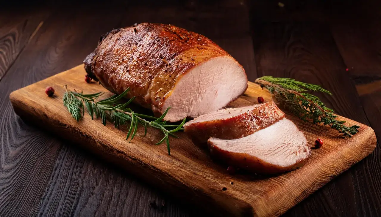 Saftiges, gebratenes Schweinefilet mit Kräutern und Beeren auf einem Holzbrett. Perfekt für Ihre nächsten Schweinefilet Rezepte.