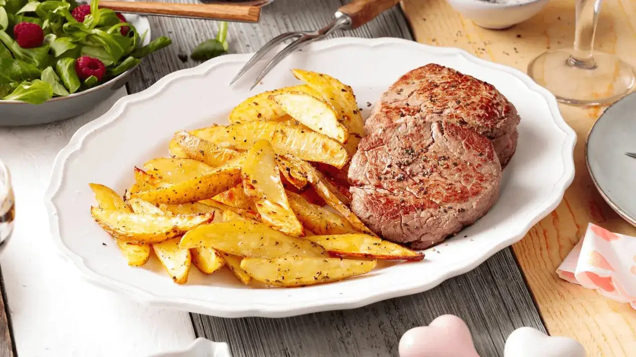 Zwei saftige Rinderfilets mit knusprigen Ofenkartoffeln &ndash; ein perfektes Gericht, welches Fleisch zu Ofenkartoffeln passt. Dazu ein frischer Salat.