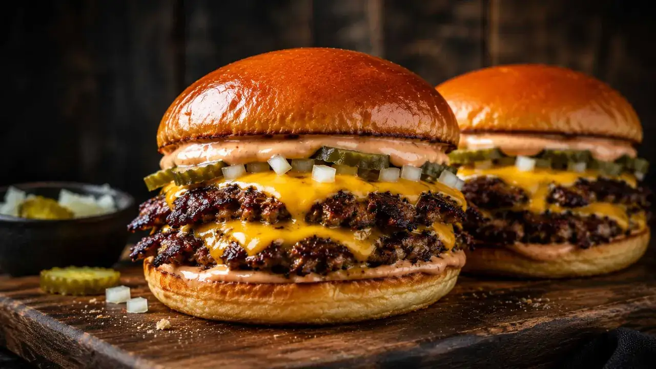 Zwei saftige, smashed burger mit geschmolzenem K&auml;se, Gurken und Zwiebeln auf einem Holzbrett.