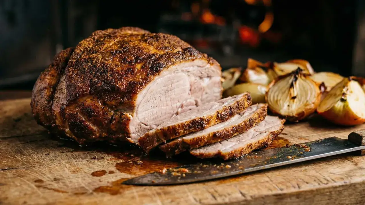 Saftiger Nackensteak im Backofen, perfekt gebr&auml;unt und auf einem Holzbrett mit ger&ouml;steten Zwiebeln und einem Messer angerichtet.