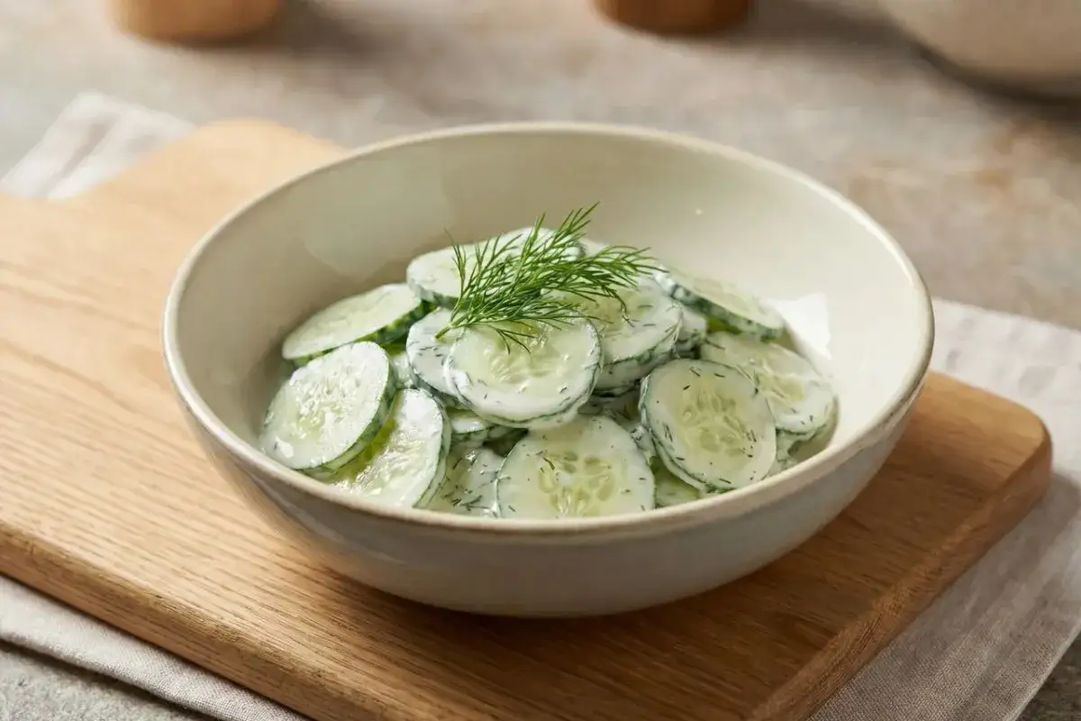Frischer Gurkensalat mit Dill und einer cremigen Sylter Dressing-Note, serviert in einer Sch&uuml;ssel auf einem Holzbrett.