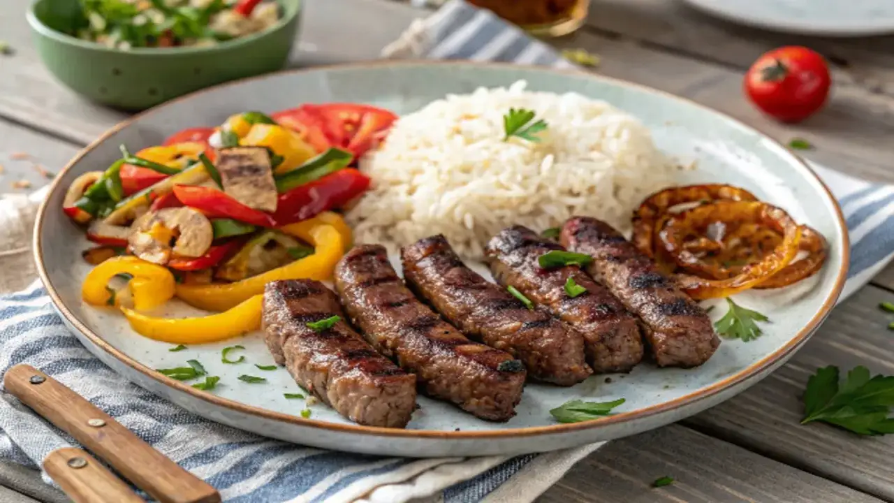 Saftige cevapcici im backofen, serviert mit Reis, gebratenem Gem&uuml;se und Zitronenspalten.