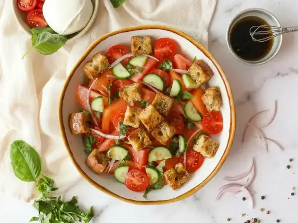 Ein frischer Brotsalat mit Tomaten, Gurken und Croutons. Ein tolles Rezept für einen leichten Sommergenuss.